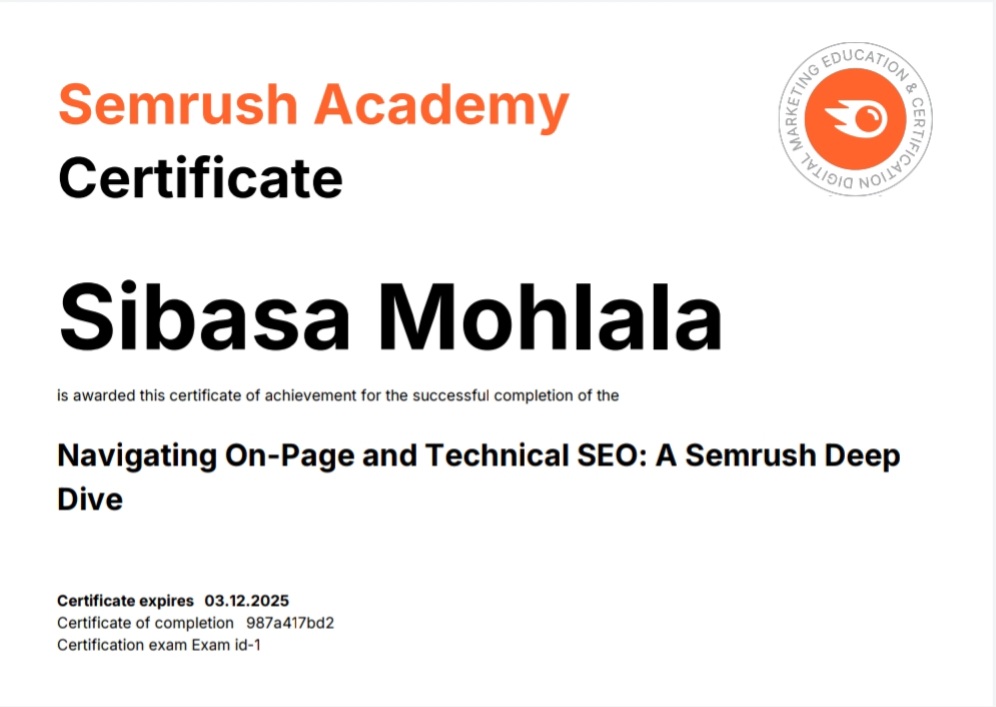 Sibasa Mohlala SEO Certificate